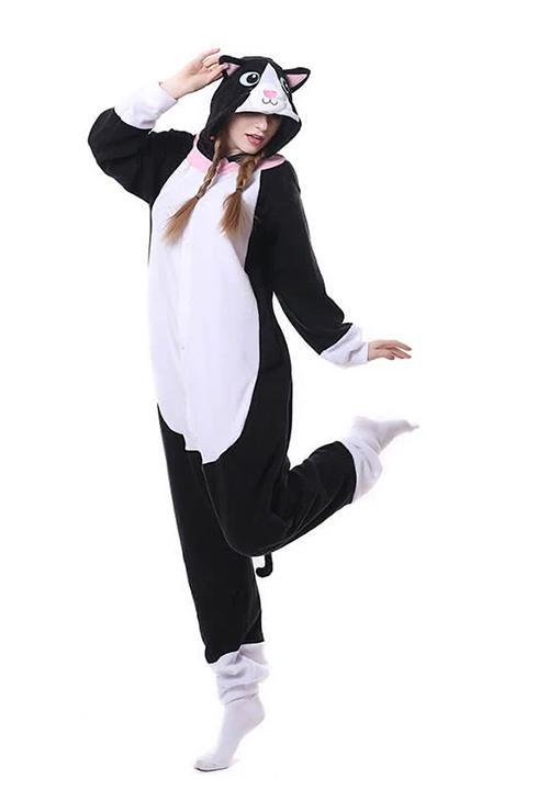Pyjama Combinaison Chat Kawaii – Capuche Oreilles 3D, Pattes Imprimées – Doux Et Chaud – Noir